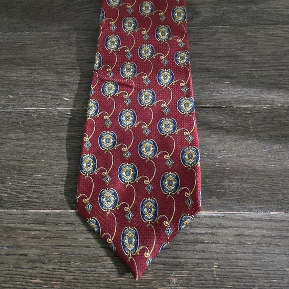 Vintage 90s Mark Alexander Deep Red Gold Artsy Print Silk Neck Tie - Picture 5 of 7